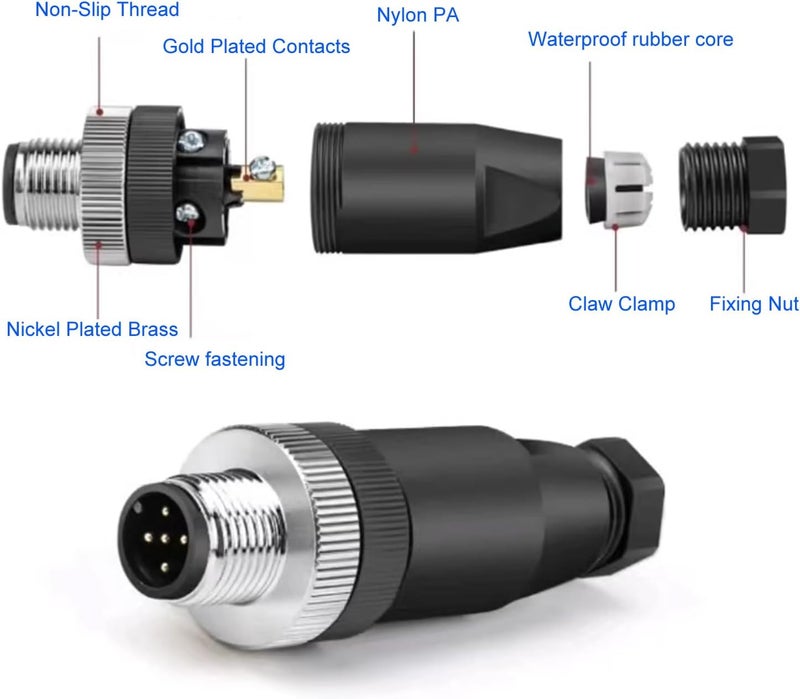Eonvic M12 8 Pin Female Connector, 12mm A Code IP67 30V 2A AC/DC Industrial Circular Connector, Unshiled Field Assembly Wireable Sensor Straight 2pcs - Image 5